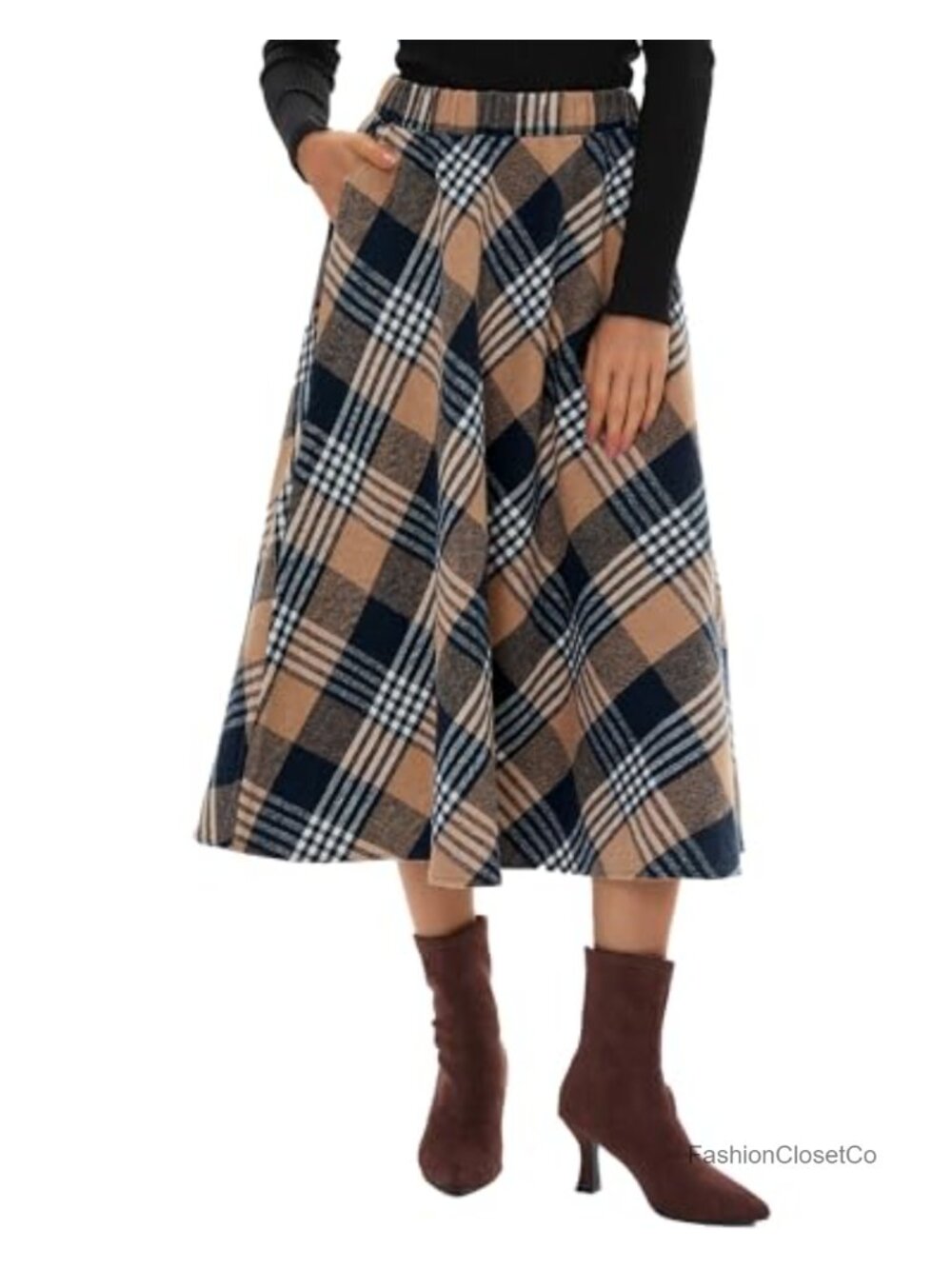 Women's Long Plaid Wool Skirt High Waisted A-Line Winter